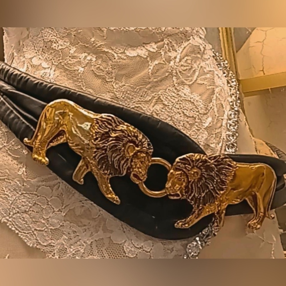 Vintage Black Leather Belt with Gold Lions